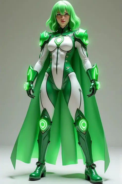 Superhero costume (Women):
 green gloves attached to the costume , green cape,  white top and bottom of the suit ,  green shoulders and green on the chest going down to the middle of the bottom ,  eyes and bright green hair ,  green shoes only up to below ...