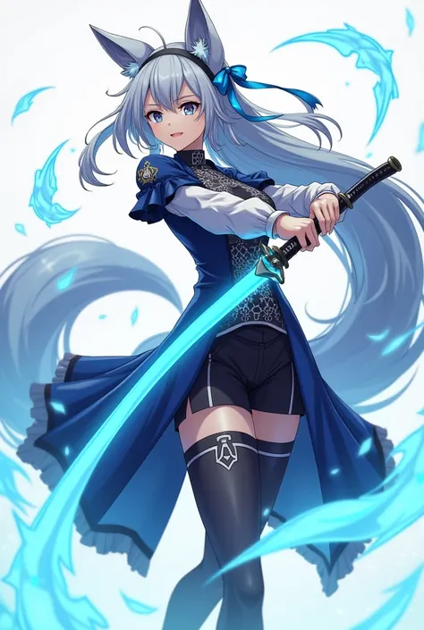 Miyabi from zenless zone zero in a really slick pose with her light blue glowing katana in anime. She has blue - black clothes with some white details and fox ears. Has more like japanise look. She is less covered