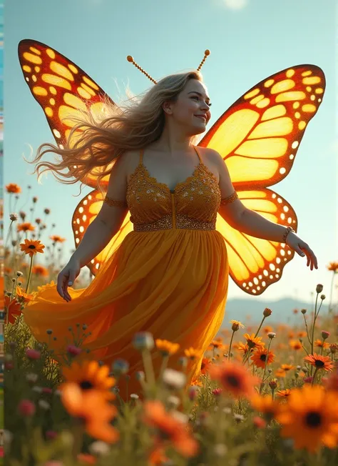 Sexy chubby woman in butterfly costume. Plus size woman.very long blonde hair. Makeup. smiling. She flyes over a flowerfield.side view.