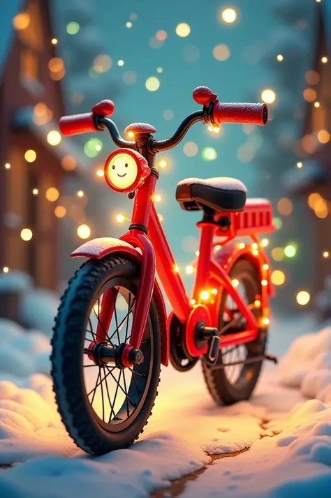 A red and black bicycle, Let it be from a cartoon,  decorated with Christmas lights  