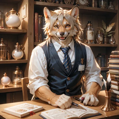 score_9, score_8_up, score_7_up, score_6_up, score_5_up, score_4_up, source_furry, hires, masterpiece(1boy, kemono, furry, anthro)guild receptionist, looking at viewer, wooden counter, quill pen, documents on counter, professional attire, business smile, f...