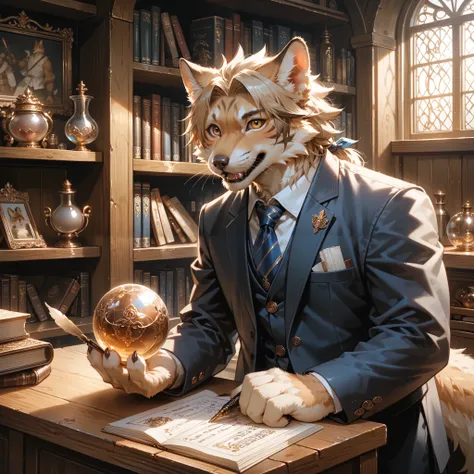 score_9, score_8_up, score_7_up, score_6_up, score_5_up, score_4_up, source_furry, hires, masterpiece(1boy, kemono, furry, anthro)guild receptionist, looking at viewer, wooden counter, quill pen, documents on counter, professional attire, business smile, f...