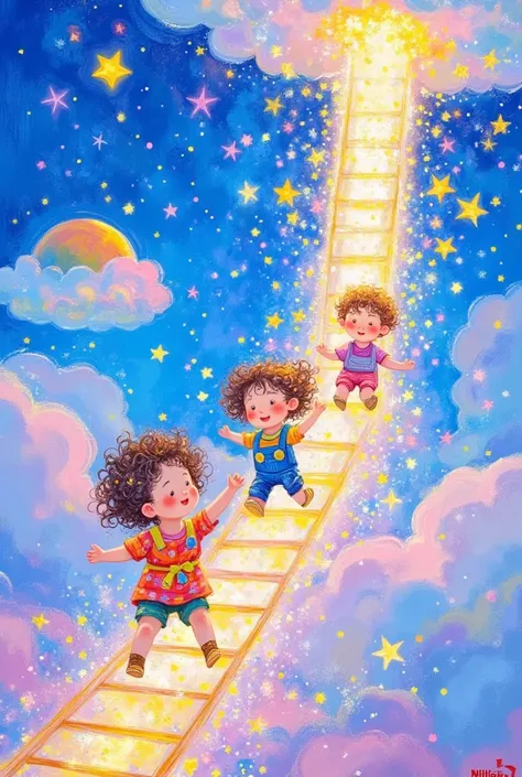 A group of children climbing ladders made of shimmering light, stretching from the ground up to the clouds. they leap onto fluffy clouds, bouncing playfully between them