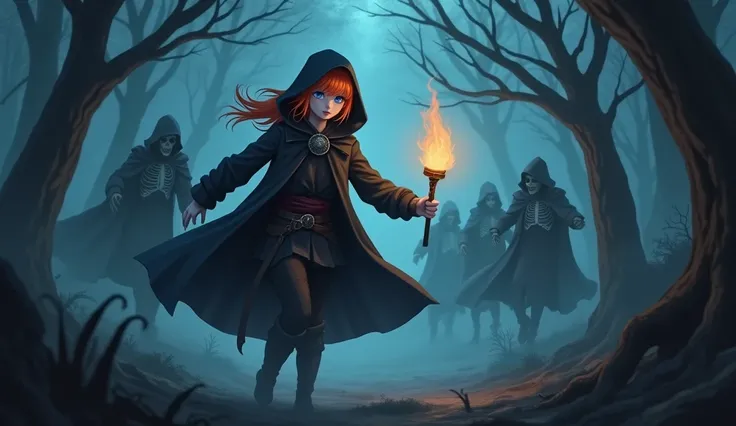 anime girl, white skin, vibrant orange hair, blue eyes, put on a hood black, on the right side, dynamic pose mysterious atmosphere horror, medieval outfit, fog forest, night, low angle, attacked skeleton squad, run away, hold torch, scary tree village