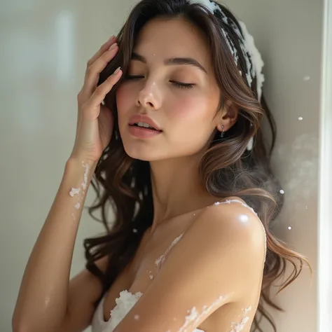 high resolution photo of a gorgeous luxury woman washing her hair with suds. no freckles. dewy beautiful skin. 50 mm lens. focus on the hair 