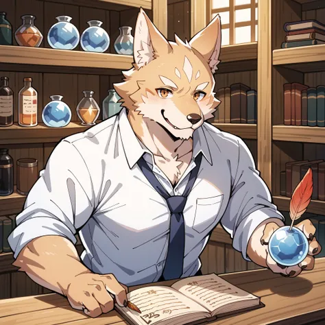 score_9, score_8_up, score_7_up, score_6_up, score_5_up, score_4_up, source_furry, hires, masterpiece(1boy, kemono, furry, anthro)guild receptionist, looking at viewer, wooden counter, quill pen, documents on counter, professional attire, business smile, f...