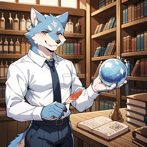 score_9, score_8_up, score_7_up, score_6_up, score_5_up, score_4_up, source_furry, hires, masterpiece(1boy, kemono, furry, anthro)guild receptionist, looking at viewer, wooden counter, quill pen, documents on counter, professional attire, business smile, f...