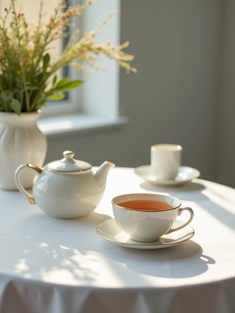 Close-up of a round dining table covered with a beautiful white tablecloth on which there is a beautiful porcelain teapot and a cup of tea, sunlight falls on it, on a gray background