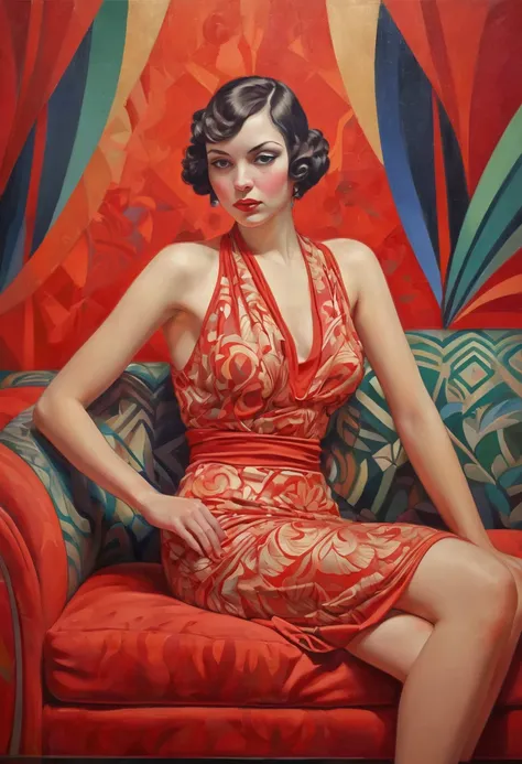 painting of a woman sitting on a red sofa, art deco painting, art deco era), art deco portrait, georgy kurasov, cinematic. art deco, beautiful retro art, intricate art deco patterns, realistic art deco, hyperrealist art nouveau, art nuveau, modern art nove...