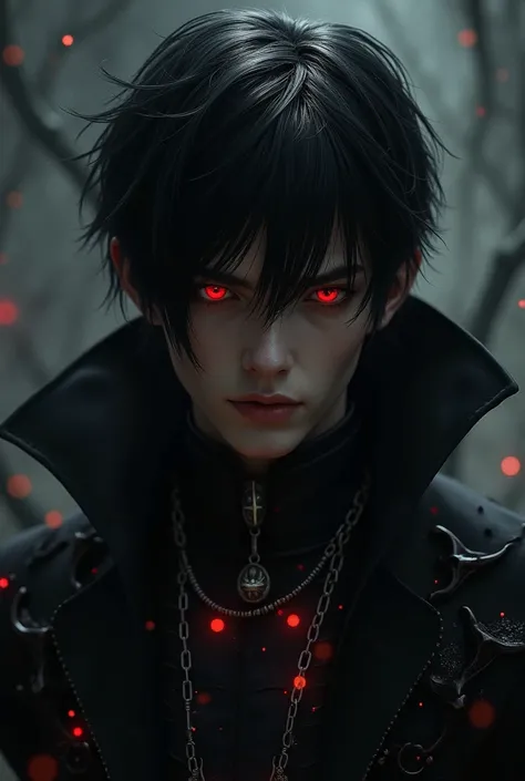 A unique character with black hair and red and masculine eyes 