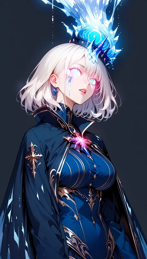 ([broad breasts),neckline, glowing eyes , simple background , blue eyes , white hair,ice,reina de ice,corona de ice amarillo,thousand,cape with fur ,Fluffy ,howl,background with smoke effects , gloomy and mysterious environment, dark background,ice incande...