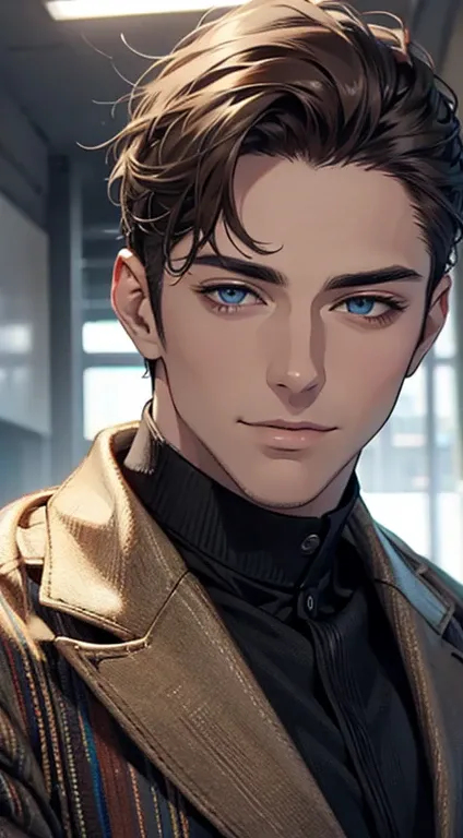 (best quality,4k,8k,highres,masterpiece:1.2),ultra-detailed,(realistic,photorealistic,photo-realistic:1.37),1 man,31 years old,mature man,very handsome,without expression,smile,short grey brown hair,blue eyes,penetrating gaze,perfect face without errors,im...