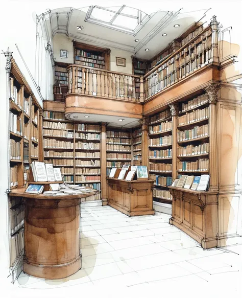  sketches of a freehand drawing , realistic,  of a small library /contemporary bookstore . pencil drawing , In ink and soft watercolor . The drawing shows the interior of the library and its literary collection.