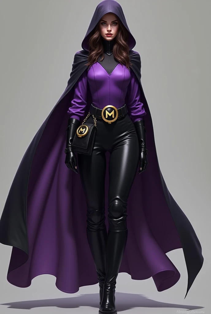 A superhero sorceress (Women):
 Black leather or latex pants ,  bag with a black belt with an M-shaped gold buckle surrounded by a circle,  black boots below the calf ,  the top will be a short purple or purple ,  the bag will only be below the waist above...