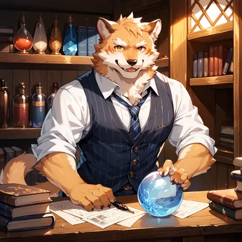 score_9, score_8_up, score_7_up, score_6_up, score_5_up, score_4_up, source_furry, hires, masterpiece(1boy, kemono, furry, anthro)guild receptionist, looking at viewer, wooden counter, quill pen, documents on counter, professional attire, business smile, f...