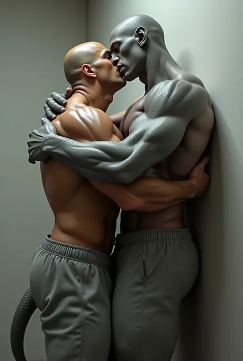 one man, muscular bodybuilder, grey skin, toned hairy chest, human anthro, has a lizard tail, grey sweatpants, pinning a muscular bodybuilder human man to a wall, kissing