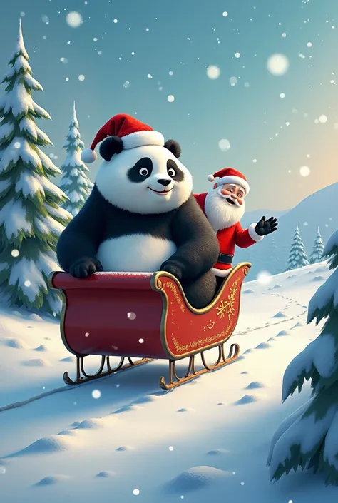 a sweet, Big panda ,  carrying Santa Claus in his sleigh in a snowy landscape in Disney Pixar drawing style 