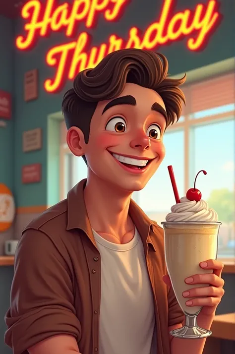 Young man drinking milkshake happy Thursday sign 