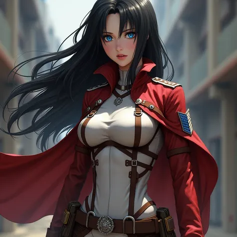 A girl with blue eyes big breasts black hair that I have the uniform of the Legion of the Corps of Exploration of Attack on Titan 