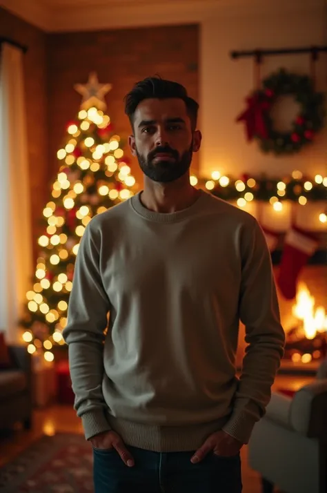 "A man standing in a cozy, warmly lit Christmas living room, facing the camera. The room is adorned with festive decorations like a glowing Christmas tree, stockings hanging over the fireplace, and soft, twinkling lights. The man is wearing a simple, plain...