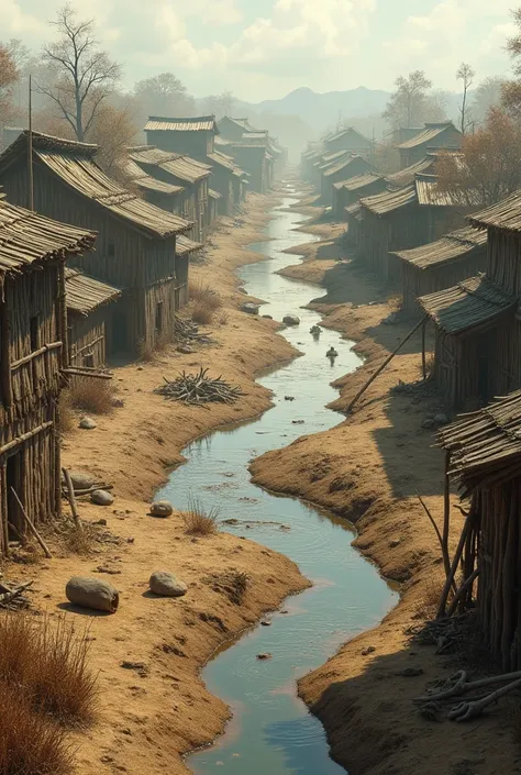 A dried river in a traditional village surrounded with dried crops and dead animals 