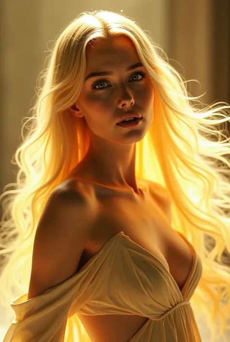  Woman with a sculptural body, covered by long clothes .  Your skin has a warm, golden hue . Your eyes are white.  Her hair is long and smooth , in a vibrant blond shade .  Underneath her left eye there is a small scar