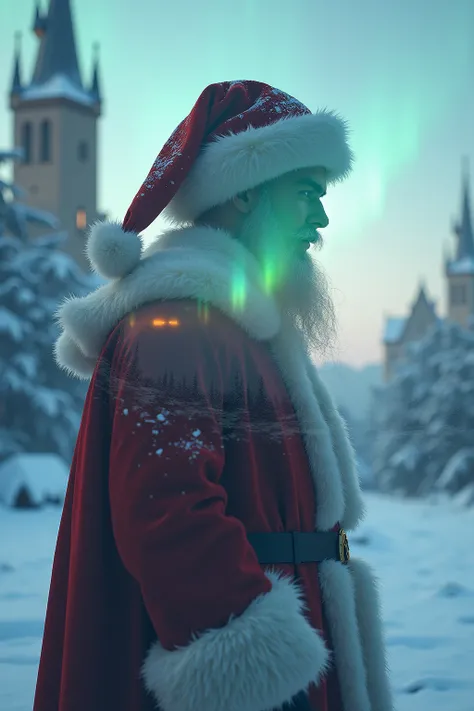 In this breathtaking HD 8K Ultra HD photo, a serene Santa Claus with flawless features appears as a translucent silhouette, with a wide shot and a close-up of his silhouette filling the frame. Although her figure is a translucent silhouette,  hair is wrapp...