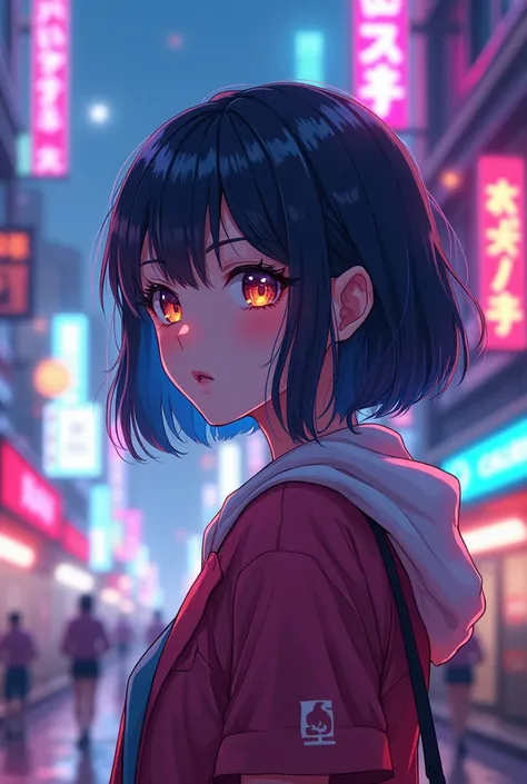 Colorful profile picture of a female character in anime style. It has clear features of the anime Oshi no Ko.. The scene takes place in a futuristic city with neon lights. The environment is exciting and adventurous.  The camera settings are the same as th...