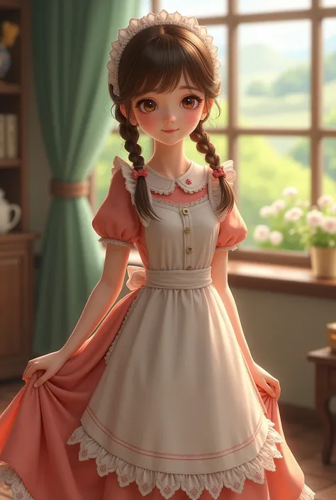 Teenage girl with two braids in maid dress