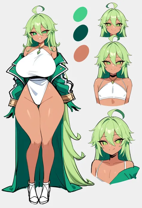 ((masterpiece)),(((best quality))),(character design sheet, same character, front, side, back), illustration, male,  big chest, feminine, tan skin, green eyes, green sclera, ahoge, absurdly long hair, green hair, green gloves, hair over eyes, hair between ...