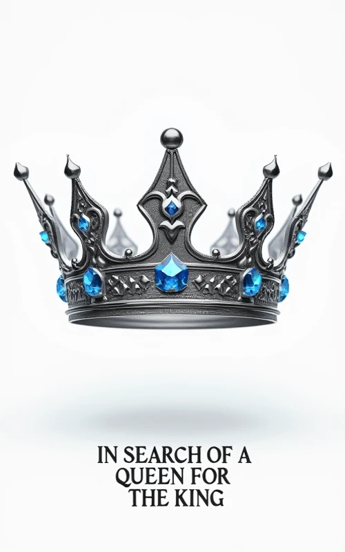 Cover for a fantasy book. Queens crown with water droplet-shaped gems. Printed text: In search of a queen for the King. White background. Author of the book: Adis García Herrera