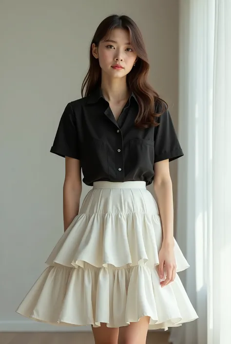 Create image a girl wear black blouse,plain black skirt inside,ruffle white skirt outside