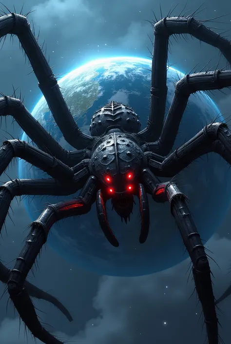 Make a giant spider,  this spider surrounds planet Earth with its enormous 8 legs ,  and terrifies with its multiple red and disgusting eyes, The spider covers the Earth with its grotesque web ,  a black spider, disgusting,  in anime style  