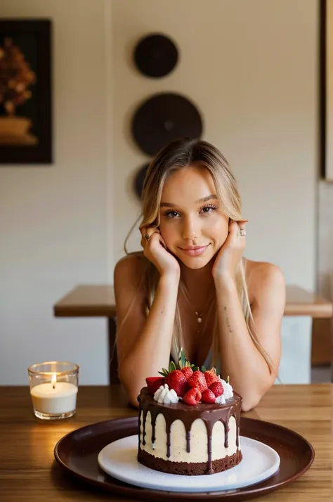 (8K), ( best quality), ALEXIS-REN,  A young woman with long, blonde hair playfully sticks out her tongue while posing beside two desserts on a table. To her right is a tall slice of chocolate cake with a Happy Birthday! message on top, and to her left is a...