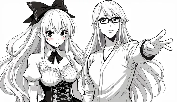 Style and Type: Black and white manga-style illustration. featuring two characters. a female character with long eyes and head pointing to the right, flowing hair adorned with a ribbon. She has a confident expression with a slight disdainful smile, and her...