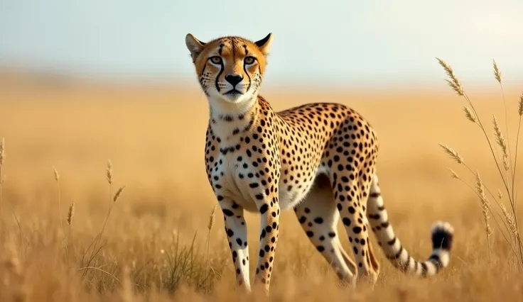 A cheetah standing in an open grassland, depicted as sleek and fast. Its facial expression is calm, and it’s shown making a soft meow sound instead of roaring. The background has tall grass and a clear sky.