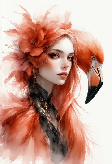 art by miki asai and jasmine becket griffith, anne stokes flamingo woman, black and gold, digital illustration, beautiful, wet on wet watercolor, black ink, paint wash, by Valent10179, golden ratio, perfection, dynamic, photorealistic concept art, soft , o...