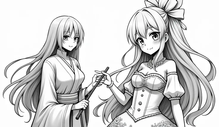 Style and Type: Black and white manga-style illustration. featuring two characters. a female character with long eyes and head pointing to the right, flowing hair adorned with a ribbon. She has a confident expression with a slight disdainful smile, and her...