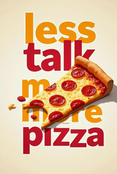  Create an image for me to put on display,  with half a pizza and on the side of it saying  " Less talk , More pizza "