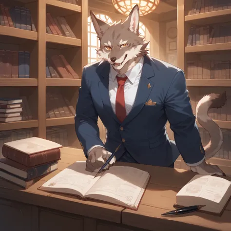 score_9, score_8_up, score_7_up, score_6_up, score_5_up, score_4_up, source_furry, hires, masterpiece(1boy, kemono, furry, anthro)guild receptionist, looking at viewer, wooden counter, quill pen, documents on counter, professional attire, business smile, f...