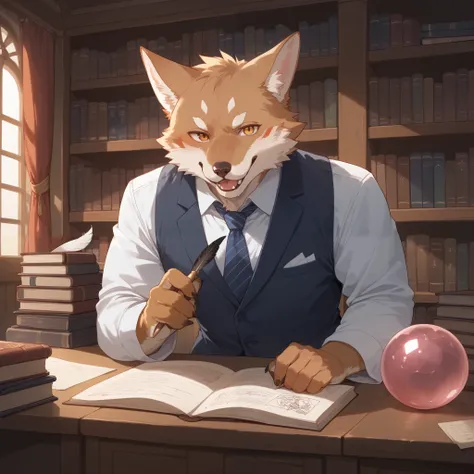 score_9, score_8_up, score_7_up, score_6_up, score_5_up, score_4_up, source_furry, hires, masterpiece(1boy, kemono, furry, anthro)guild receptionist, looking at viewer, wooden counter, quill pen, documents on counter, professional attire, business smile, f...