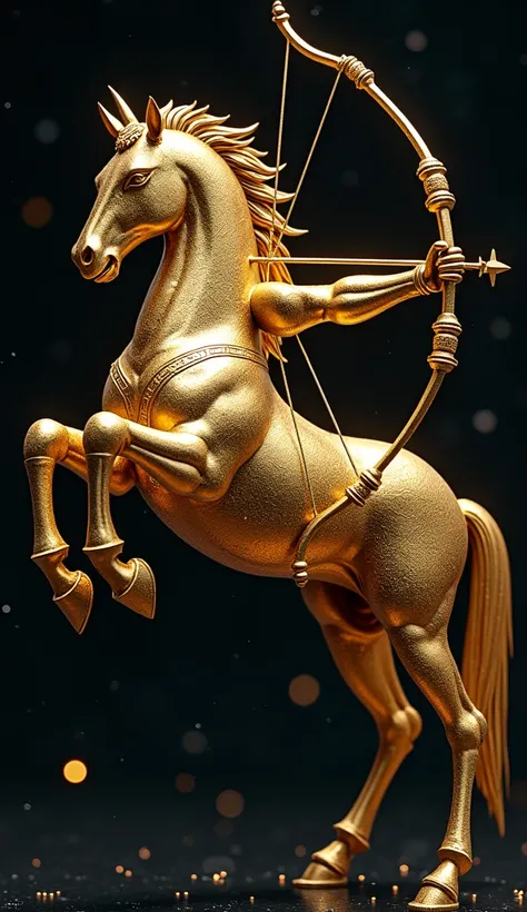 A golden steel armor shaped like the Sagittarius zodiac sign, featuring a centaur with a majestic horses body and a human upper torso holding a bow and arrow. The armor is highly detailed, with intricate golden engravings and a polished, reflective surface...