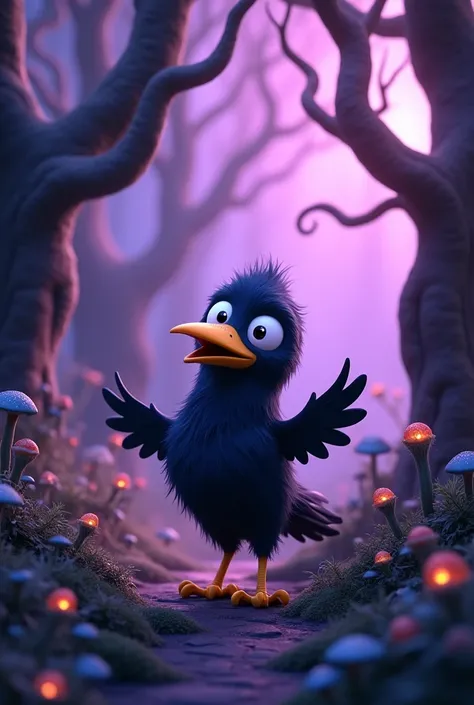 The 3D cartoon character, Black Crow, is in a purple dark forest, labeled BG5.