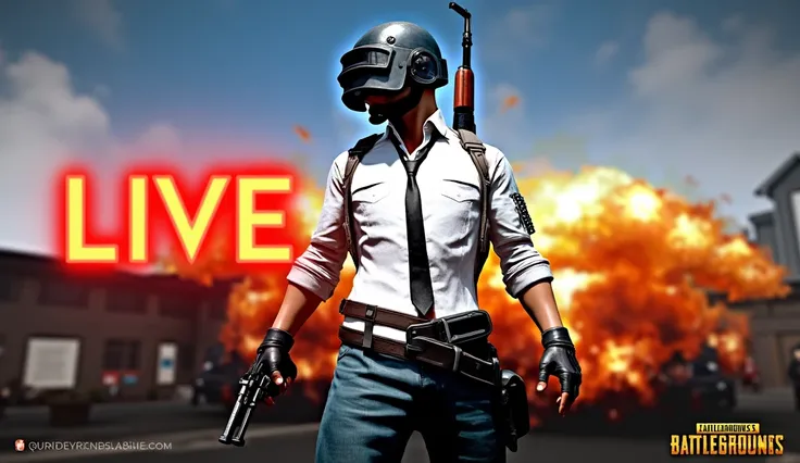 "An energetic and eye-catching thumbnail for a PUBG Mobile live stream. The design prominently features the word LIVE in bold, glowing red text, and PUBG Mobile Stream in large, clean white and yellow text with a subtle shadow effect for depth. The backgro...