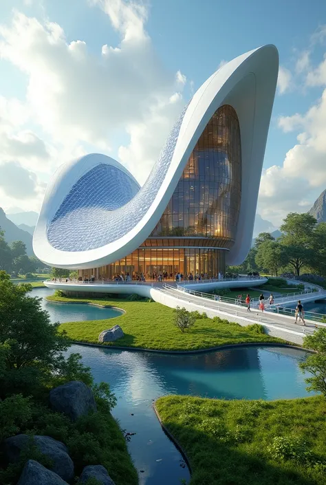 create a building with futuristic architecture using green energy 