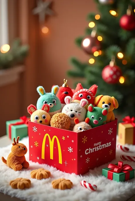 an advertisement about the McDonalds Christmas happy box as a gift along with a bunch of toys 