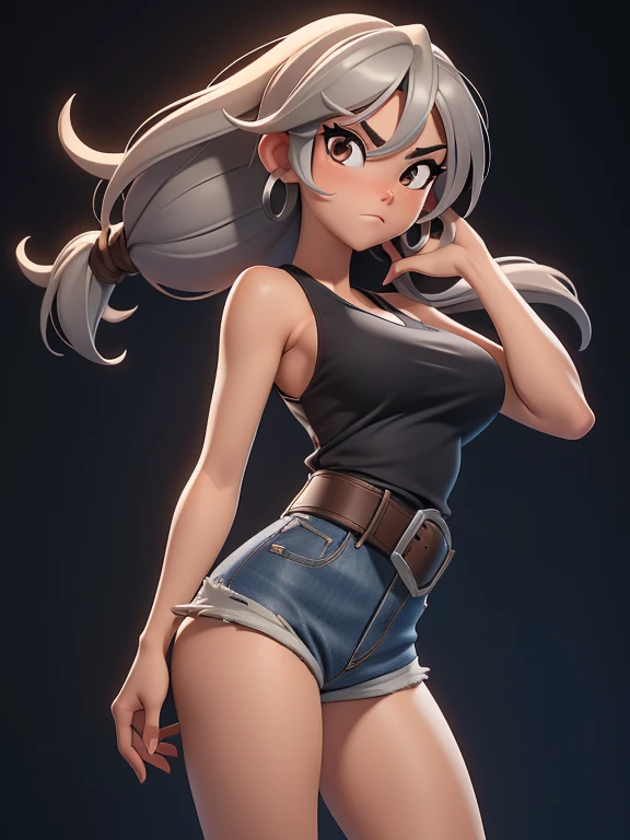 score_9, source_cartoon, best quality, high resolution, unity 8k wallpaper, 1girl, solo, Taiwanese woman, long hair, big breasts, (Wearing: Black tank-top, brown leather belt with a silver buckle, denim booty shorts)
