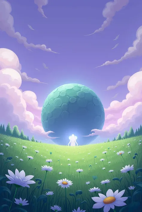 A landscape,  with a large dream core , with a very green grass ,  some white backroom-style flowers that generate calm with heavenly and purple skies,  style plain that generates an aura of calm and desire to die ,  realistic 