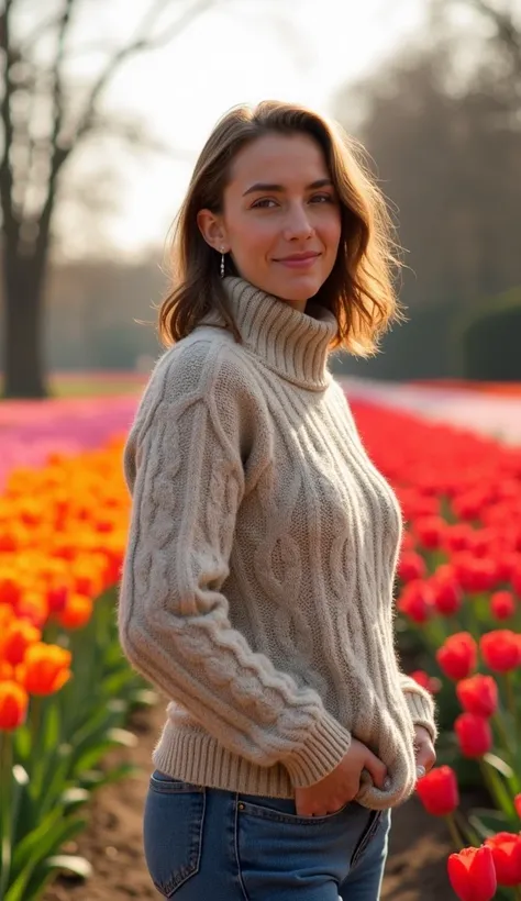 A 37-year-old woman walking through a tulip garden, wearing a knitted sweater.