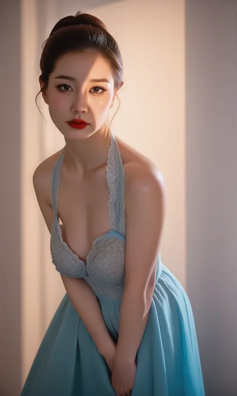 a beautiful asian girlfriend in lingerie, exposed cleavage, sensual expression, bedroom interior, natural lighting, soft colors, high detail, cinematic lighting, photorealistic, 8k, detailed portrait, elegant, graceful, captivating gaze, alluring pose, del...